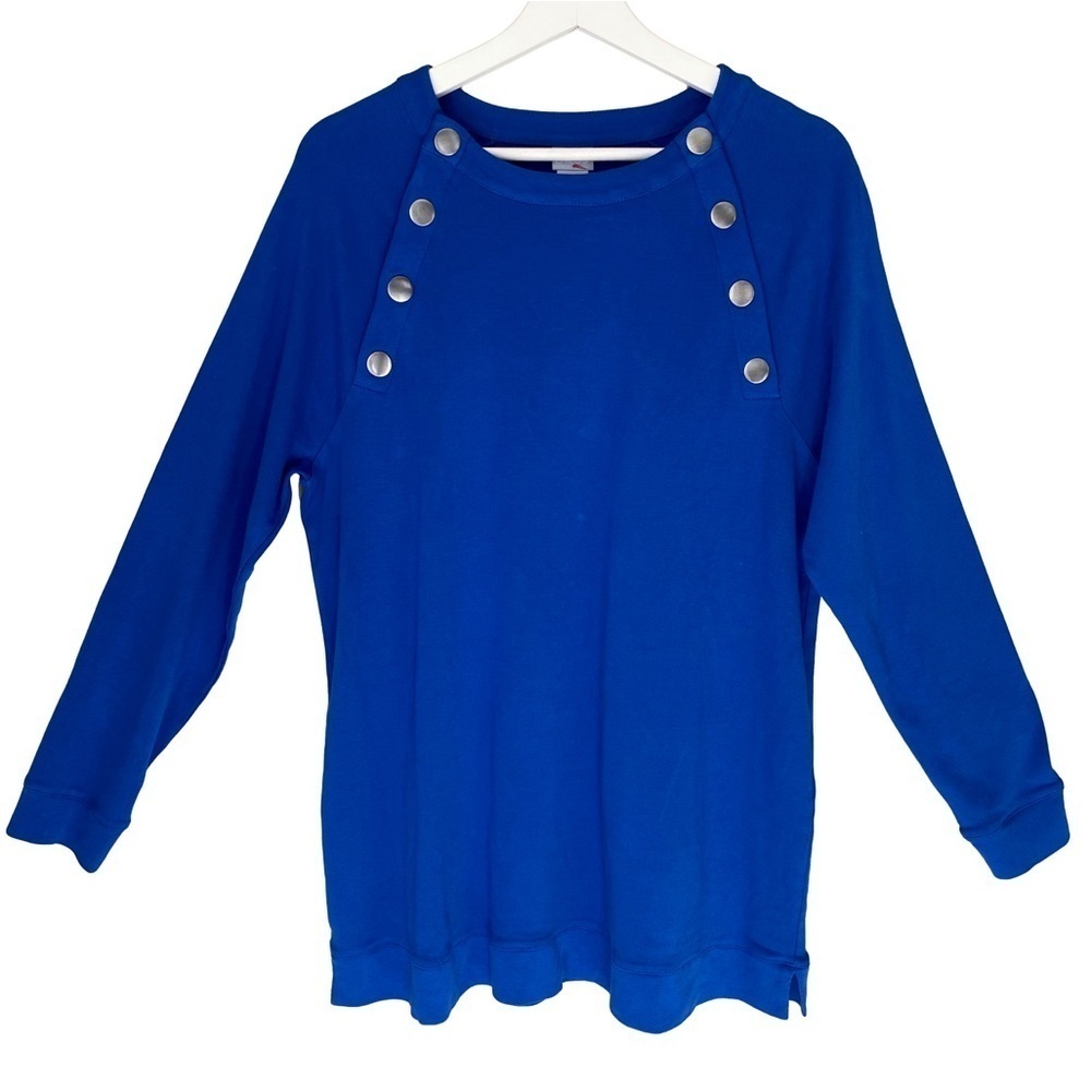CHICO'S Tunic Long Sleeve Soft Jersey Knit Button Accent Royal Blue Women 2/L/12